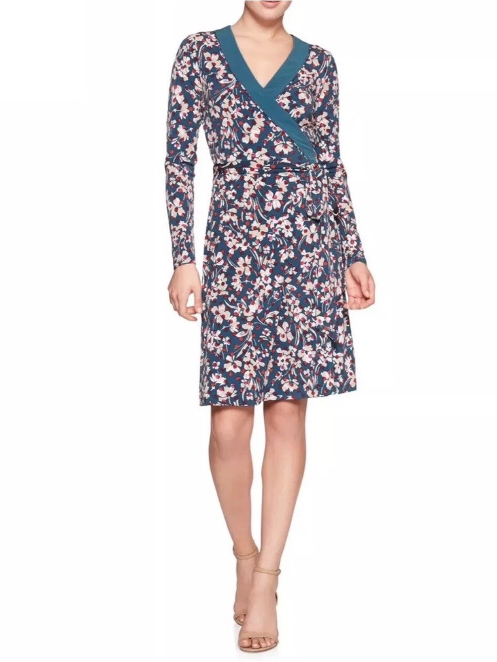 Banana Republic Navy Floral Wrap Dress with Teal Trim